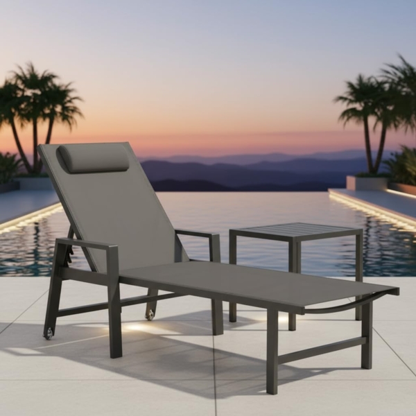 Mucola 1x Sonnenliege und Gartentisch Aluminium Gartenliege 200KG & Rollen wetterfest Teslin Klappliege Camping Terrassentisch