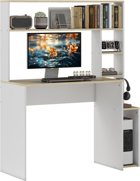 HOMCOM Computertisch mit offenen Regalen, CPU-Ständer, Stahlgestell (Schreibtisch, 1-St, Bürotisch), für Home Office, Schlafzimmer Eiche