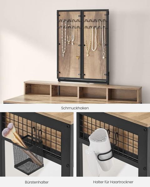Vasagle Schminktisch mit gepolstertem Hocker, Frisiertisch mit dreifachem Spiegel, 3 Schubladen, Haartrocknerhalter, Kosmetiktisch, Industriestil, eichenbraun-schwarz Bild 5