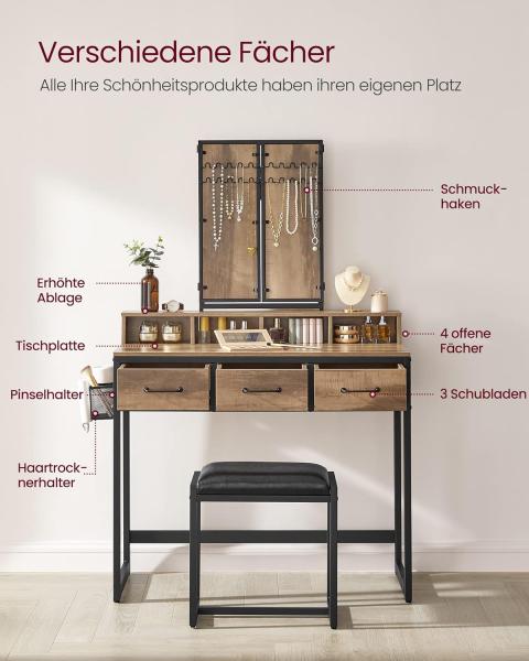 Vasagle Schminktisch mit gepolstertem Hocker, Frisiertisch mit dreifachem Spiegel, 3 Schubladen, Haartrocknerhalter, Kosmetiktisch, Industriestil, eichenbraun-schwarz Bild 3