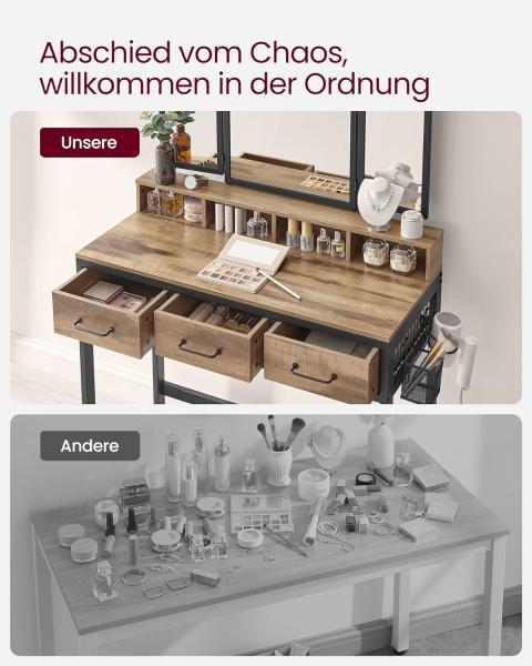 Vasagle Schminktisch mit gepolstertem Hocker, Frisiertisch mit dreifachem Spiegel, 3 Schubladen, Haartrocknerhalter, Kosmetiktisch, Industriestil, eichenbraun-schwarz Bild 7
