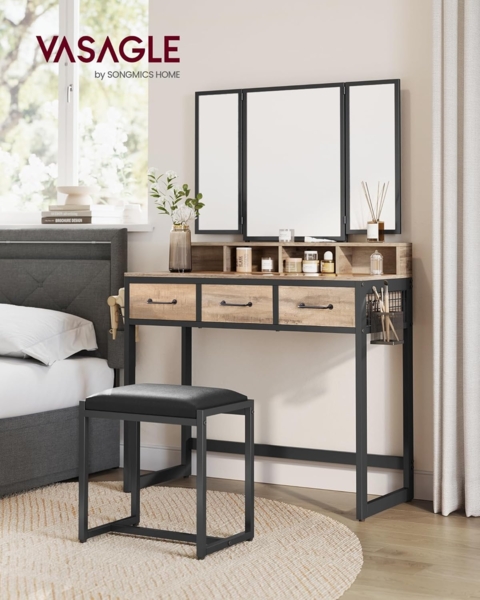 Vasagle Schminktisch mit gepolstertem Hocker, Frisiertisch mit dreifachem Spiegel, 3 Schubladen, Haartrocknerhalter, Kosmetiktisch, Industriestil, eichenbraun-schwarz Bild 2