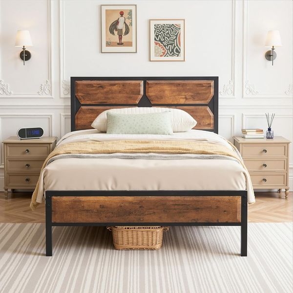 VECELO Bettgestell 90x200 cm, Metallbett mit Dick Holzkopfteil und Lattenrost, Doppelbett mit Stauraum unter dem Bett, perfekt für Schlafzimmer, Vintage Braun