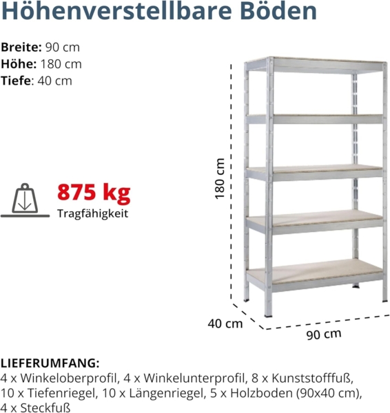 SCHULTE Regalwelt Schwerlastregal Steck-Schwerlastregal, Metall verzinkt, 1800x900x400 mm, 5 Holzböden Bild 2