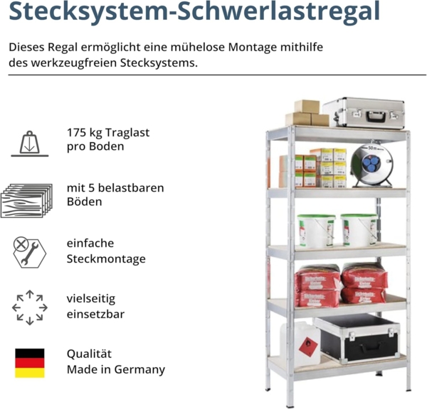 SCHULTE Regalwelt Schwerlastregal Steck-Schwerlastregal, Metall verzinkt, 1800x900x400 mm, 5 Holzböden Bild 3
