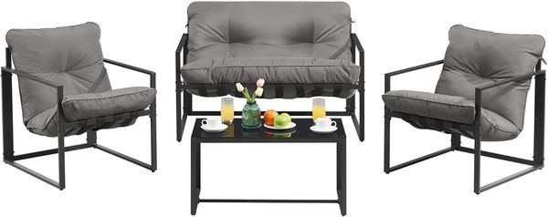 SONGMICS Balkonmöbel Set, 4-teilig, Garten Sitzgruppe mit 2 Stühlen, 1 Bank und Tisch, Stahlrahmen, Kissen, für Garten, grau