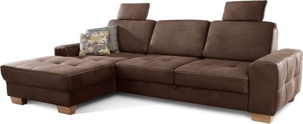 Cavadore Ecksofa Puccino mit Federkern, Schlaffunktion, verstellbarer Sitztiefe und 2 Kopfstützen / Sofa in L-Form im Landhaus Design / 281 x 86 x 178 cm / Mikrofaser braun