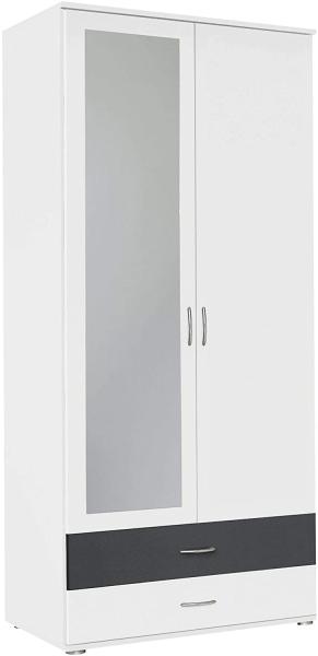 Rauch Möbel Noosa Schrank Drehtürenschrank, Weiß / Grau Metallic, 2-türig mit Spiegel und 2 Schubladen, inkl. Zubehörpaket Basic 1 Kleiderstange, 1 Einlegeboden BxHxT 85x188x52 cm