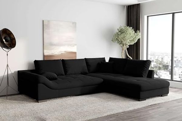 99rooms Terra Ecksofa Velours KRONOS Schwarz Rechts ohne Schlaffunktion