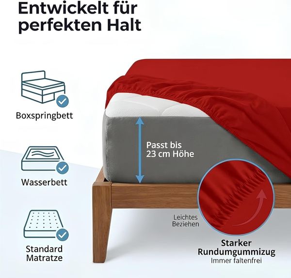Komfortec Spannbettlaken Jersey 2er Set 100% Baumwolle – 90x200 cm – Weich, Atmungsaktiv & Hautfreundlich – Mit Rundumgummi – Oeko-Tex Zertifiziert – Für Boxspring, Topper & Matratzen – Rot Bild 2