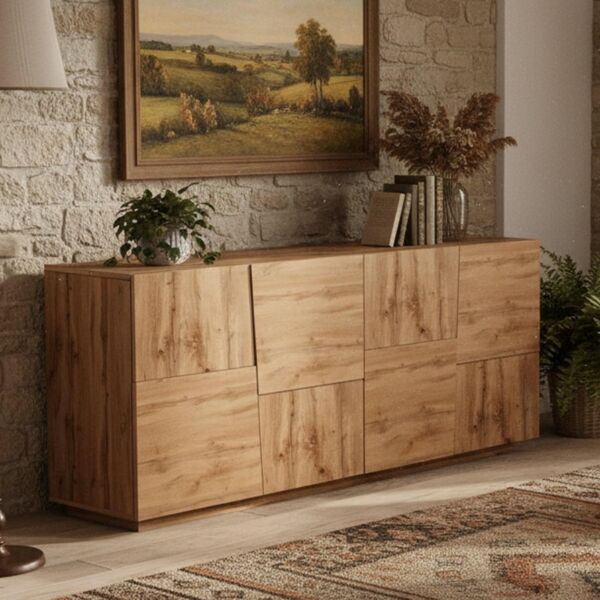 Dmora - Kommode Yago, Wohnzimmer-Buffet, modernes Wohnzimmer-Kommode mit 4 Türen, 200 x 44 x 86 cm, Eiche