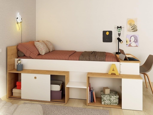 Vente-unique - Kombibett 90 x 200 cm mit Schreibtisch & Stauraum - Weiß & Holzfarben - PALOMA Bild 2