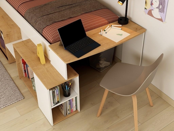 Vente-unique - Kombibett 90 x 200 cm mit Schreibtisch & Stauraum - Weiß & Holzfarben - PALOMA Bild 5