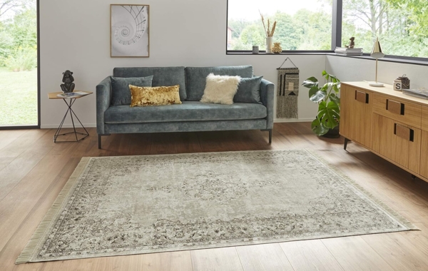Orientalischer Samt-Teppich Fransen Oriental Vintage Medallion Creme - 135x195x0,5cm