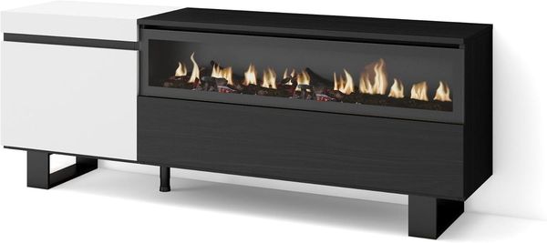Skraut Home | TV-Schrank, Lowboard | für Wohnzimmer und Esszimmer | 150 x 57 x 35 cm | Für TV-Geräte bis zu 65" | Elektrokamin. Maße | Industriedesign | Moderner Stil | Weiß und Schwarz