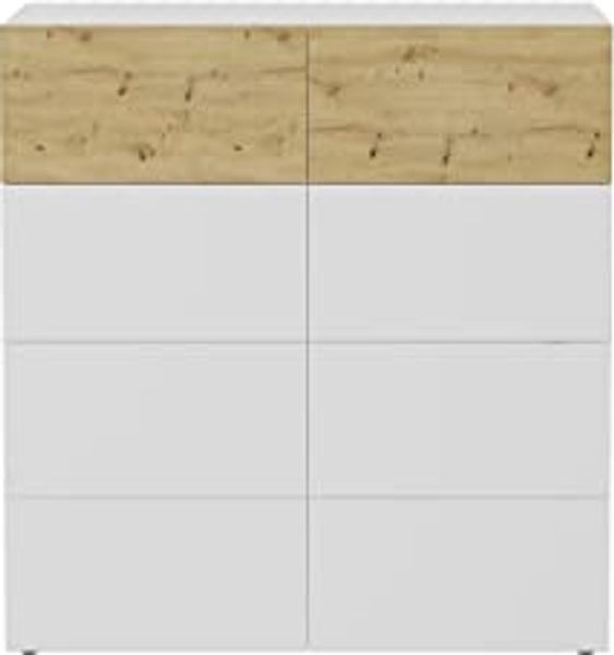 FMD Möbel 'Belm' Kommode, Spanplatte, Brillantweiß / Artisan Eiche, 8 Schubladen, 115 x 42 x 109 cm