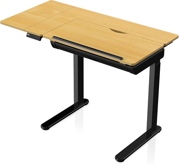 - AGIL - elektrisch ergonomisch höhenverstellbarer Zeichentisch - schwarzes Gestell & Ahorn Tischplatte 120x60 cm mit Schublade - Memory Funktion - USB - Arbeitsfläche stufenlos neigbar bis zu 45°