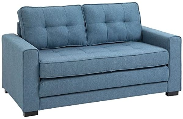HOMCOM Schlafsofa Klappsofa 2-Sitzer Stoffsofa Bettsofa Sofa mit Schlaffunktion Sofagarnitur Leinen-Touch Gummiholz Blau 147,5 x 75 x 85 cm