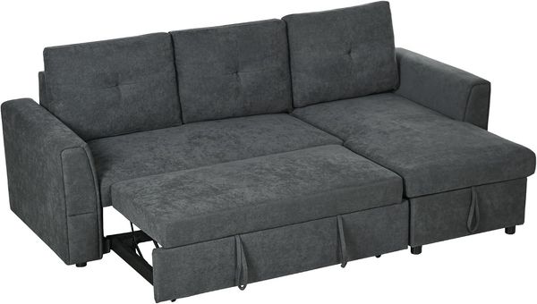 HOMCOM Ecksofa 3 Sitzer Couch mit Stauraum, Chaiselongue, Leinenoptik, Schlafsofa 1 Teile, Polstersofa für Wohnzimmer, Dunkelgrau