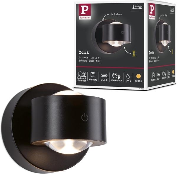 Paulmann 71290 LED Akkuwandleuchte Zorik Schwarz dimmbar IP44
