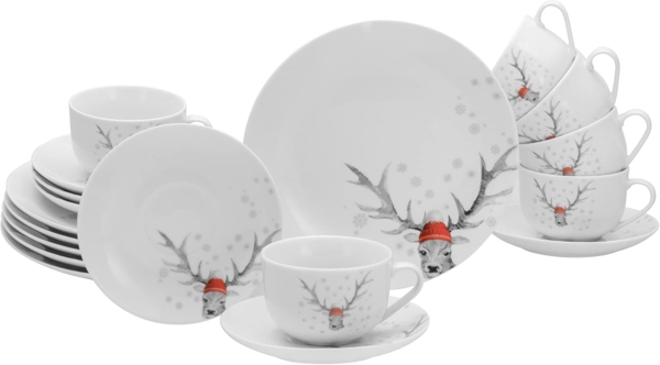 CreaTable Kaffeeservice Luna Hirsch (18-tlg), 6 Personen, Porzellan, winterliches Hirsch-Motiv