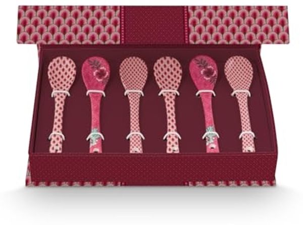 PiP Studio Besteck-Set Flower Festival Oriental Geschenkset Teelöffel dark pink 13cm, Porzellan, Giftset Teaspoons Oriental Flower Festival Dark Pink 13cm