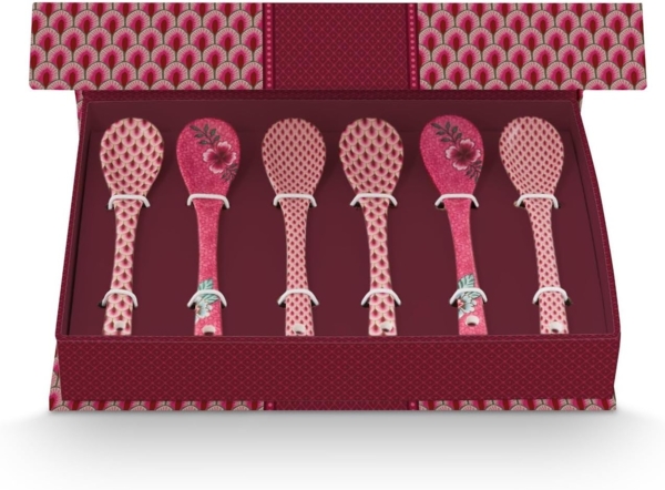 PiP Studio Besteck-Set Flower Festival Oriental Geschenkset Teelöffel dark pink 13cm, Porzellan, Giftset Teaspoons Oriental Flower Festival Dark Pink 13cm