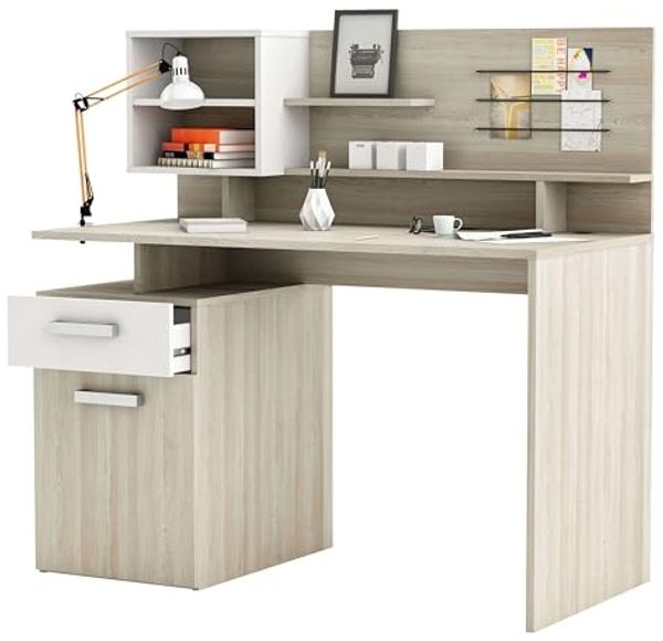Demeyere Single-Unit Schreibtisch + 1 Top Abschnitt Malicia, Holz, Shannon Eiche/Pearl Weiß
