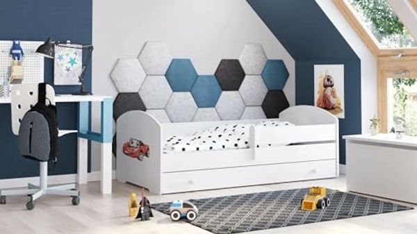 Dmora - Kinderbett Opole, Kinderbett für Schlafzimmer, Einzelbett mit Kommoden, Struktur mit ausziehbarem Bett, 85x164 h63 cm, Weiß mit Auto