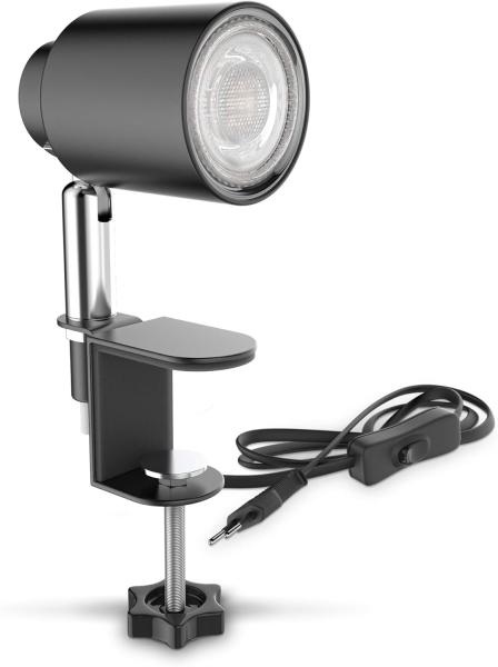 B.K.Licht Tischleuchte LED Klemmleuchte inkl. 5W GU10 Schwarz-Matt - BKL1353, LED wechselbar, Warmweiß, Schwenkbar Neigbar Kippschalter Metall Nachttischlampe