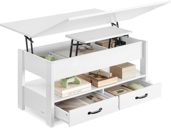 VASAGLE Couchtisch, Wohnzimmertisch, Gaszylinder, höhenverstellbar, viel Stauraum, Kaffeetisch, für Wohnzimmer, weiß