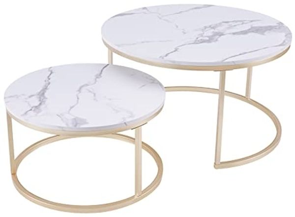 Huuryoudo Couch Tisch, Couchtisch 2er Set Rund Tisch Wohnzimmer Rund mit Metallgestell Beistelltisch Weiss Modern Satztische fürs Wohnzimmer, Weiß Gold Marmor Optik