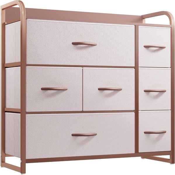 YITAHOME Kommode, Schrank, Aufbewahrungsschrank, 7 Schubladen aus Stoff mit Griffen, Aufbewahrungskommode, Rosa