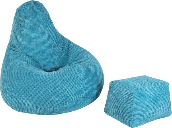 Loft 25 Sitzsack mit Rückenlehne für Erwachsene | Cordstoff, Innenfutter | Ergonomisches Design zur Unterstützung der Körperhaltung (Blaugrün, Sitzsack + Fußhocker)