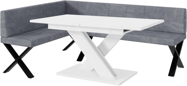 MEBLINI Eckbank für Esszimmer mit ausziehbarem Tisch - Küchenbank - Essecke - Sitzecke Küche - PETER - X-Beine 142x196x87cm Links - Grau Samt/B Weiß Matt