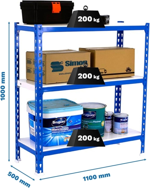 Simonrack Schwerlastregal, Lagerregal, 100 x 110 x 50 cm, Metallregal, Kellerregal, Biegestelle 200 kg, 3 Fachböden, Blau/Weiss - Simonclick Bild 3