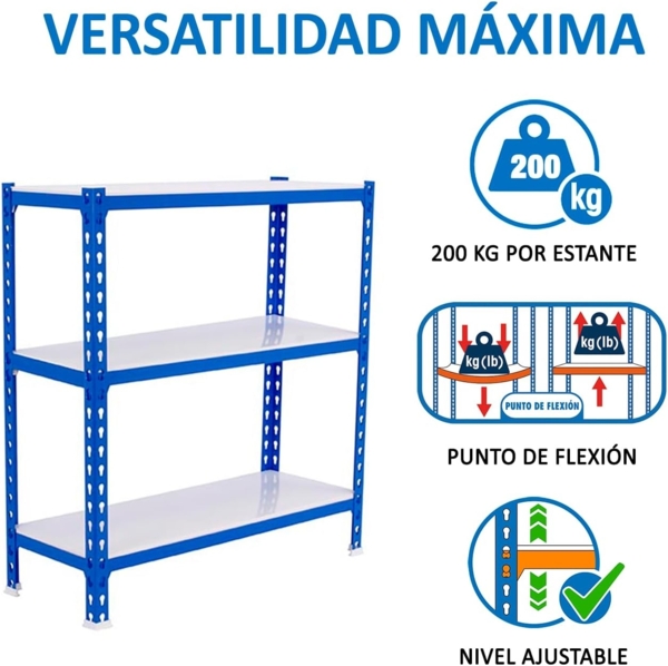 Simonrack Schwerlastregal, Lagerregal, 100 x 110 x 50 cm, Metallregal, Kellerregal, Biegestelle 200 kg, 3 Fachböden, Blau/Weiss - Simonclick Bild 4