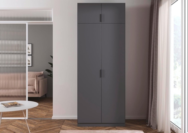 Rauch Möbel Lagoa, Kleiderschrank, Garderobe für Schlafzimmer, Kinderzimmer, Jugendzimmer 4-türig, mit Zubehör Classic, Farbe Grau metallic, Schwarz, Breite 91 Bild 2