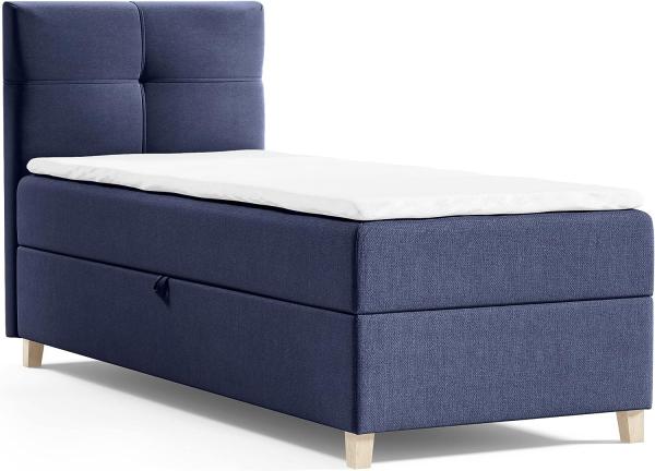 Boxspringbett Candy Mini mit Bettkasten und Topper - Einzelbett mit Bonell-Matratze und Topper, Bett mit Holzfüße, Jugendbett, Kinderbett (Blau (Soro 76), 100x200 cm)