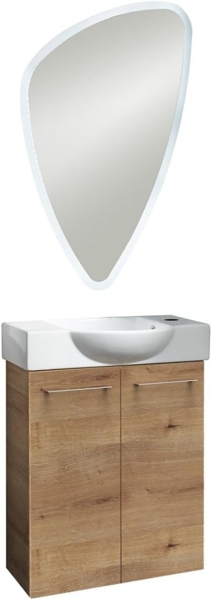 Fackelmann SBC MILANO Gäste WC Set 3-teilig 55 cm, Braun hell, 2 Türen, Keramik rechts + LED-Spiegel
