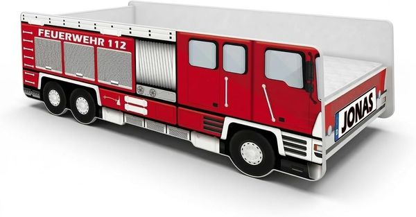 ACMA Kinderbett Auto-Bett Feuerwehr mit Rausfallschutz, Lattenrost und Matratze (140x70 + Name)