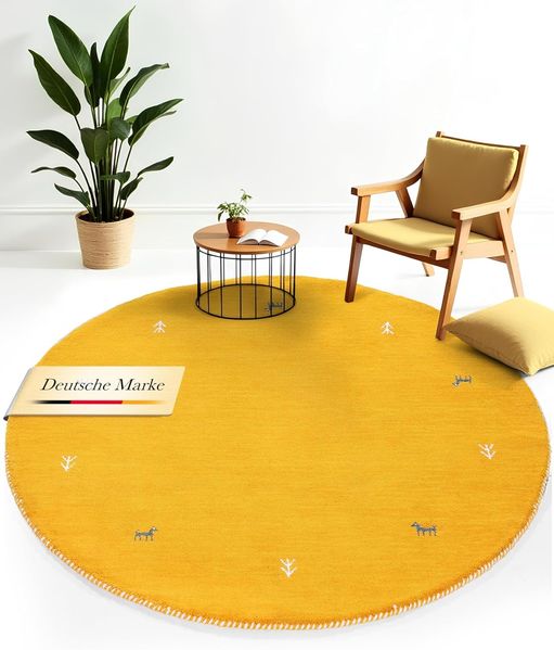 carpetfine 'Gabbeh Uni' Wollteppich, reine Wolle, Gelb, Ø 120 cm