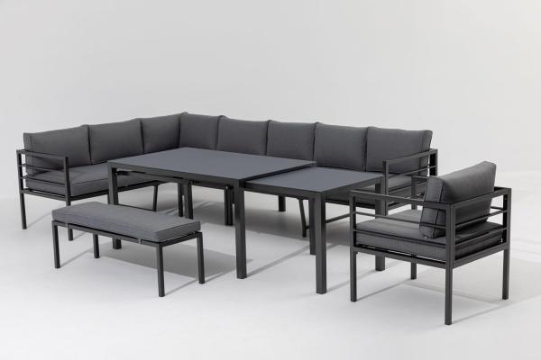 LARINO Ecklounge Gartenmöbel Sitzgruppe mit Ausziehtisch, Aluminium Anthrazit, 305 x 86 x 194 cm