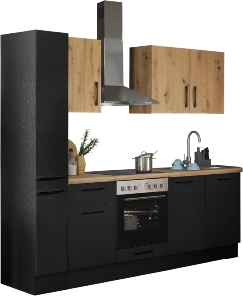 Turin Z Küchenzeile 240 x 211 x 60 cm, schwarz - Basic Küchengeräte - Moderne, geräumige Küche in Artisan-Eiche Optik mit viel Stauraum