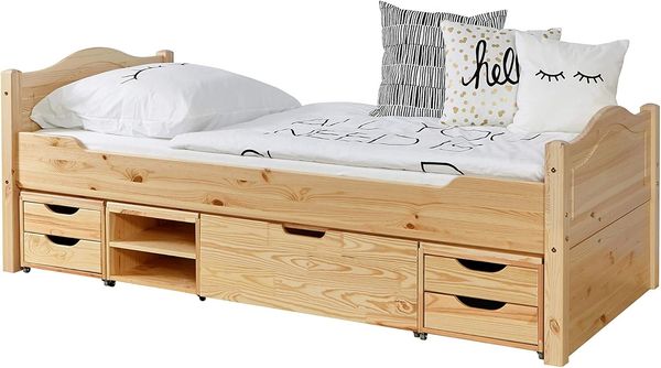 Ticaa Einzelbett 'Leni' 100x200 Kiefer massiv - mit 4er Funktionsschubkasten - natur
