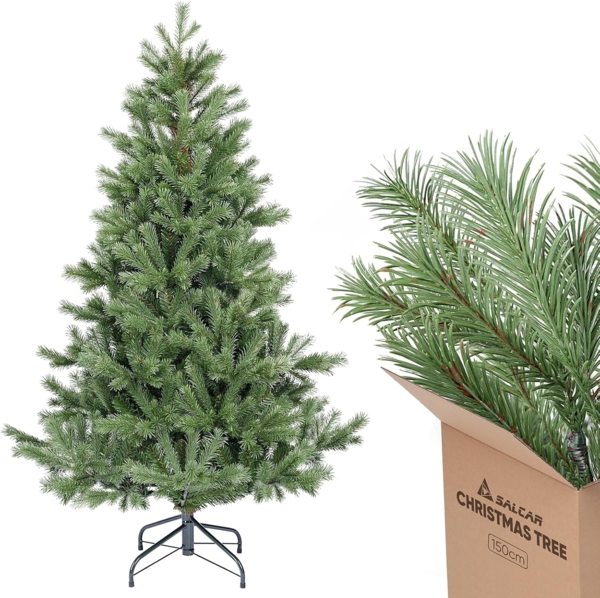 SALCAR Künstlicher Weihnachtsbaum 150 cm aus 90% PE Spritzguss, Premium Nordmanntanne, realistischer Christbaum mit Schnellaufbau Klappsystem
