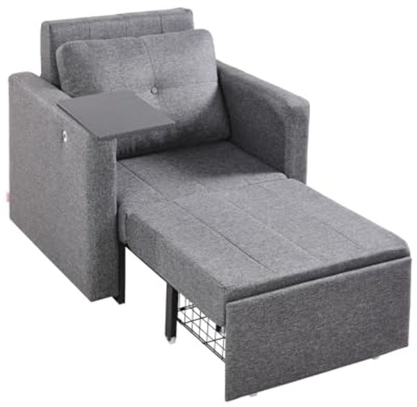 VEVOR Schlafsofa umbaubares Schlafbett mit Seitentasche & Kissen & Armlehne, Schlafsessel Einzelsessel mit 5-Fach Verstellbarer Rückenlehne, Einzel-Ausziehcouch mit 2 Rädern und Stauraum unten, Grau