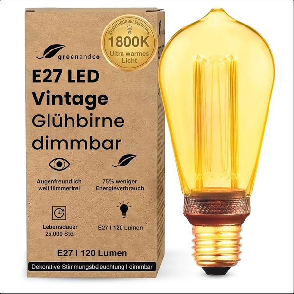 greenandco LED Vintage Glühbirne zur Stimmungsbeleuchtung | dimmbar | E27 ST64 | gold | 3,5W 120lm | 1800K extra warmweiß | 320° | 230V | flimmerfrei | Edison Glühbirne