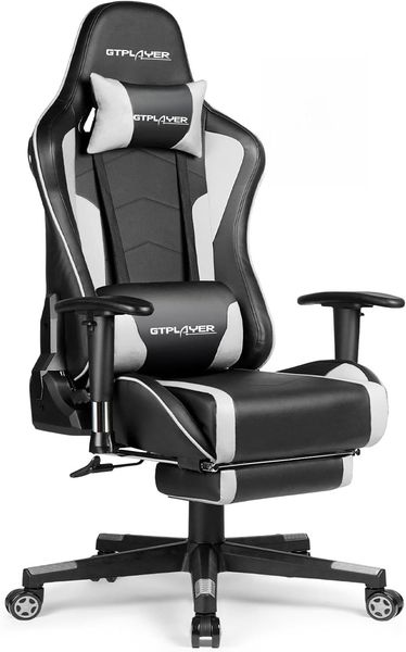 GTPLAYER Gaming Stuhl Gamer Stuhl mit Fußstütze Bluetooth Lautsprecher Ergonomischer Bürostuhl Computerstuhl Schreibtischstuhl PC Stuhl mit verstellbare Rückenlehne 150 kg Belastbarkeit weiß