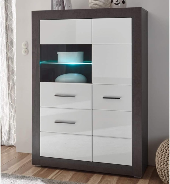 Vitrinen-Highboard in Hochglanz weiß mit Betonoptik dunkel ETON-61 mit LED B/H/T: 100/142/35cm